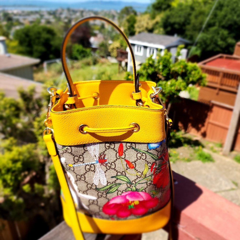 🌼 GUCCI 🌼Ophidia Flora Small GG Canvas Bucket Bag Yellow - Picture 11 of 13